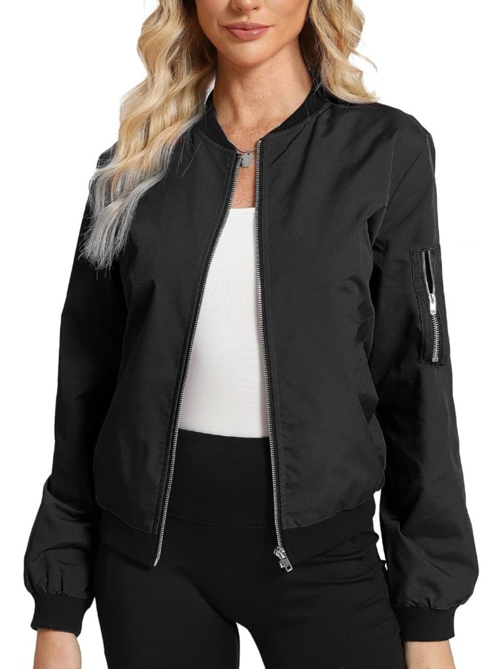 Women Black 100% Polyester Zip-Up Shawl Collar Pocket Windbreaker Bomber Jacket